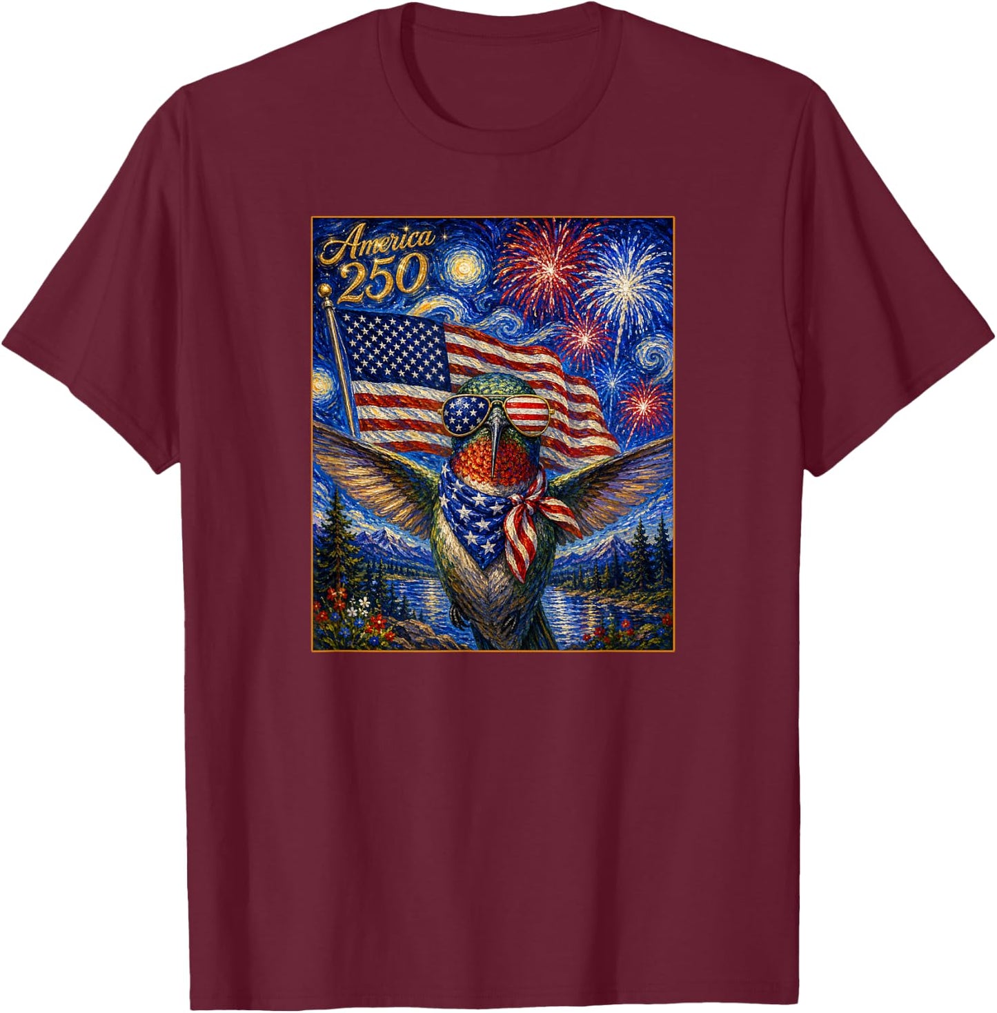 Hummingbird Art on America 250 4th of July USA Flag Bird T-Shirt - T-Shirt | Maroon