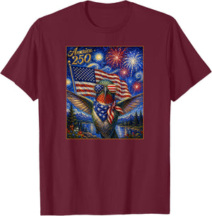 Hummingbird Art on America 250 4th of July USA Flag Bird T-Shirt - T-Shirt | Maroon