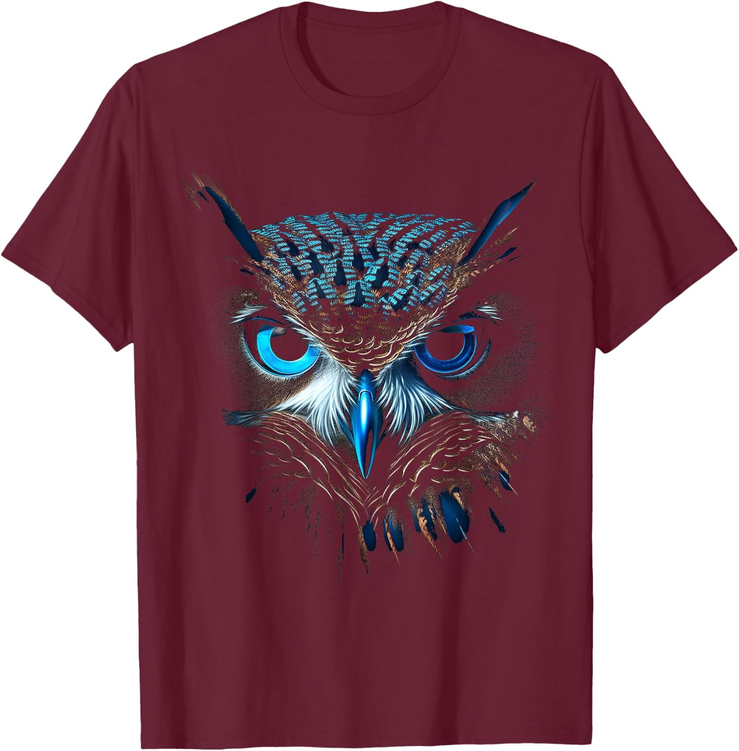 @n!mal Eule blaue Augen Tier Grafik Illustration Eule , , Kurzarm, Klein, Blue T-Shirt - T-Shirt | Maroon