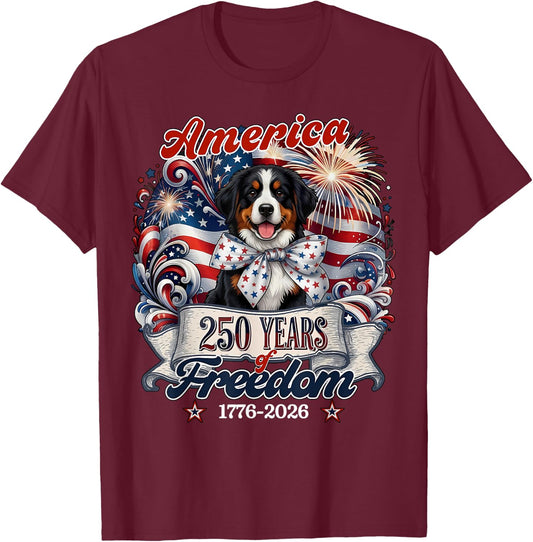 Patriotic Bernese Mountain Dog Coquette Bow US Flag 4th July T-Shirt - T-Shirt | Maroon