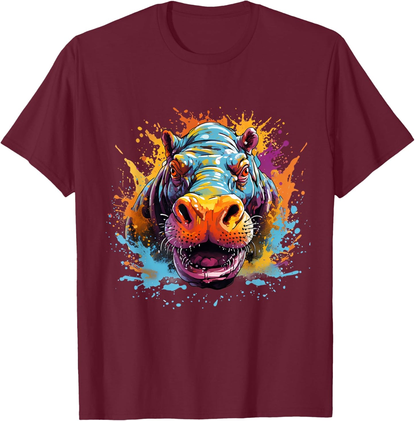 Hippo Hippopotamus Colourful Portrait Motif Artwork Splash T-Shirt - T-Shirt | Maroon