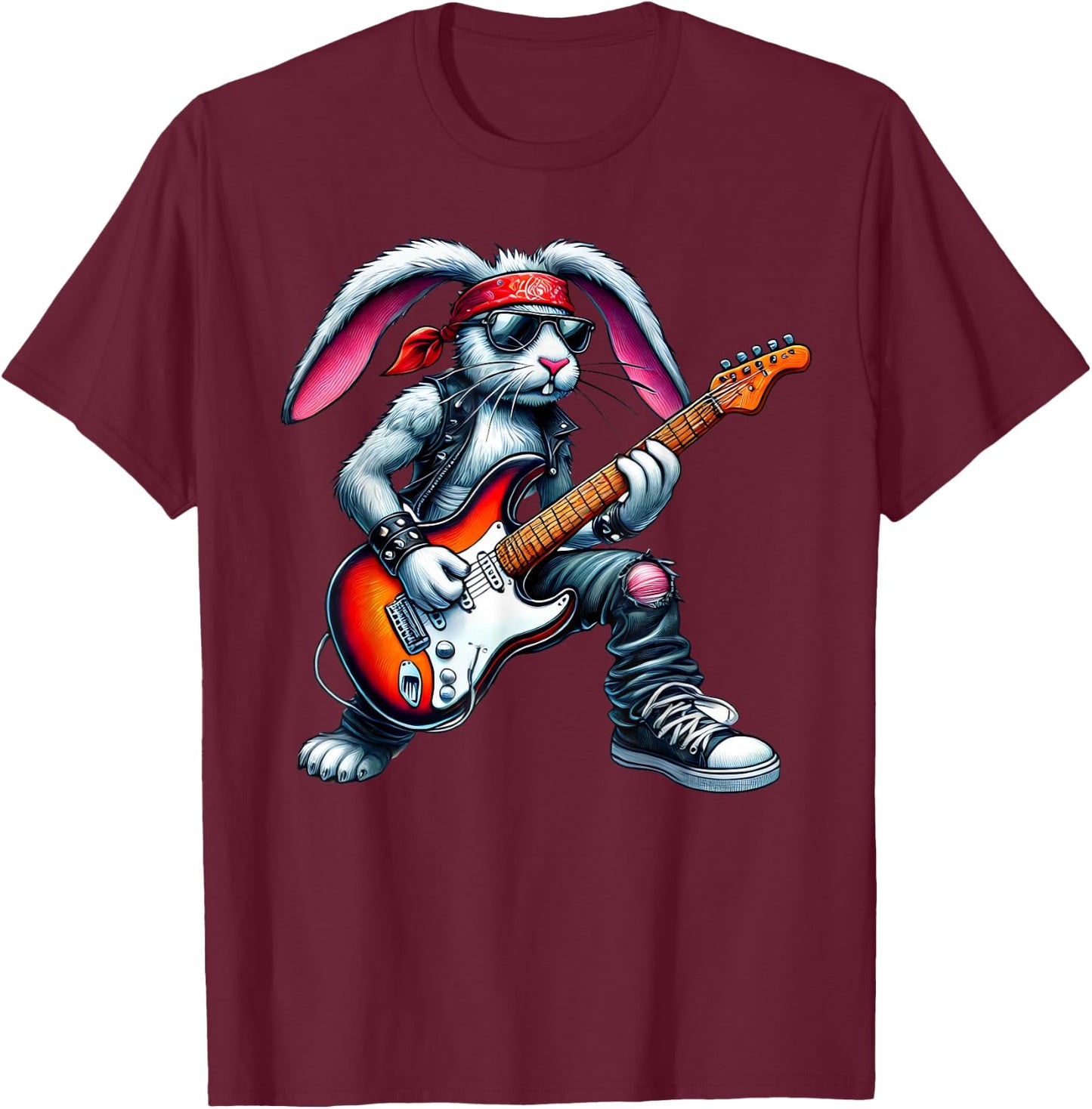 Cute Punk Rabbit, Rock'n Roll Goth, Guitar Kids Rock Star T-Shirt - T-Shirt | Maroon