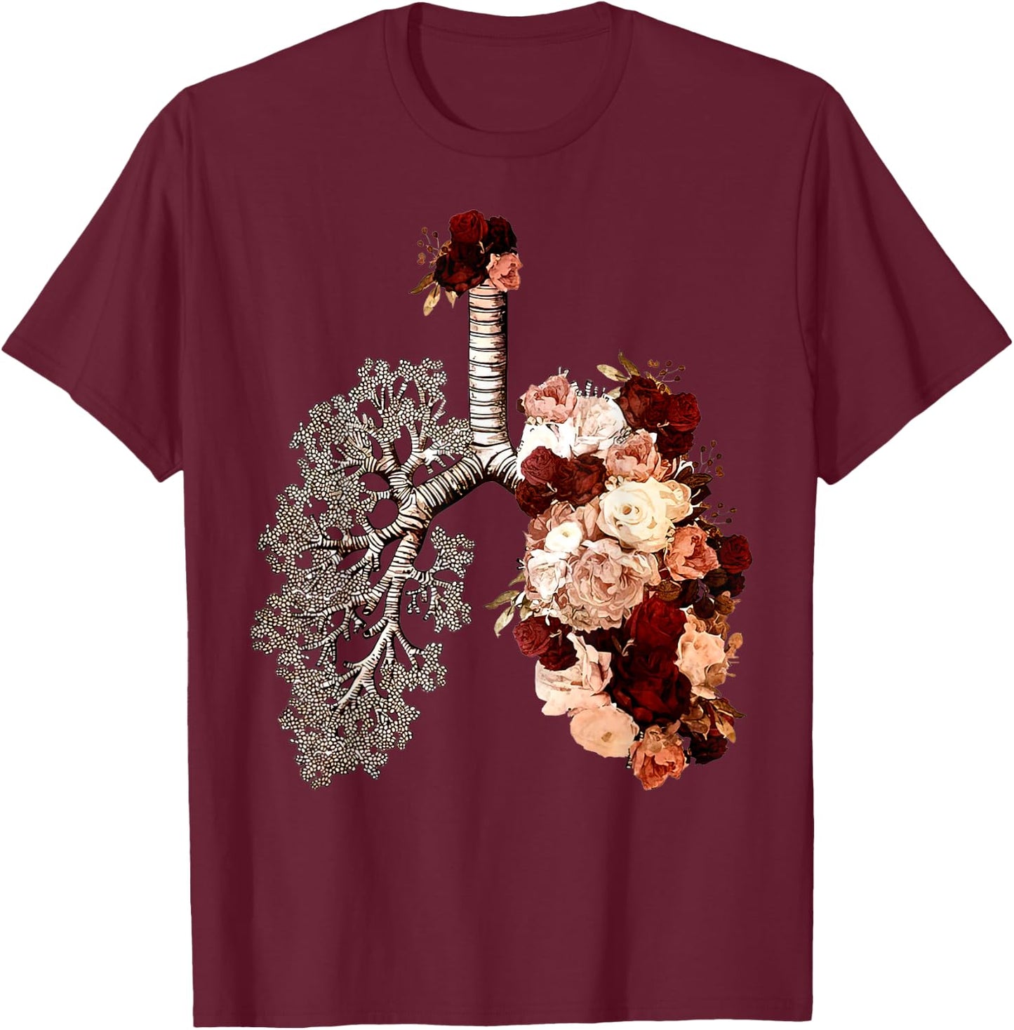 Anatomical Lungs And Bloom Roses Floral T-Shirt - T-Shirt | Maroon