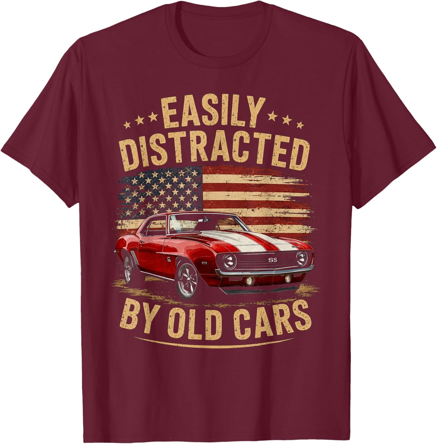 Easily Distracted by Old Cars Classic Car Guy Funny Vintage T-Shirt - T-Shirt | Maroon