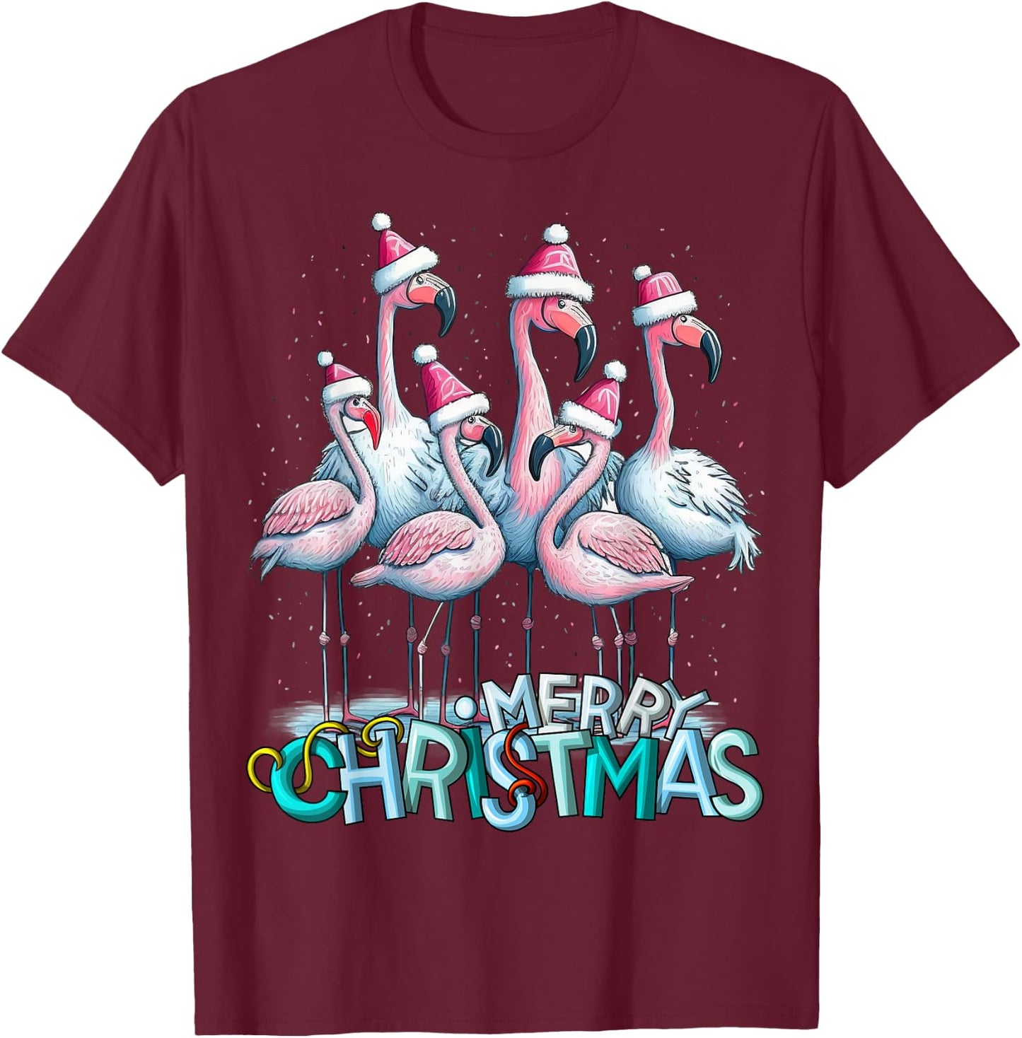 Merry Christmas Flamingo Squad Tropical Style T-Shirt - T-Shirt | Maroon