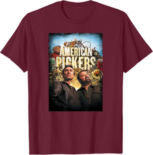 HISTORY American Pickers Distressed Adult Black Modern Letter Print Short Sleeve T-Shirt - T-Shirt | Maroon
