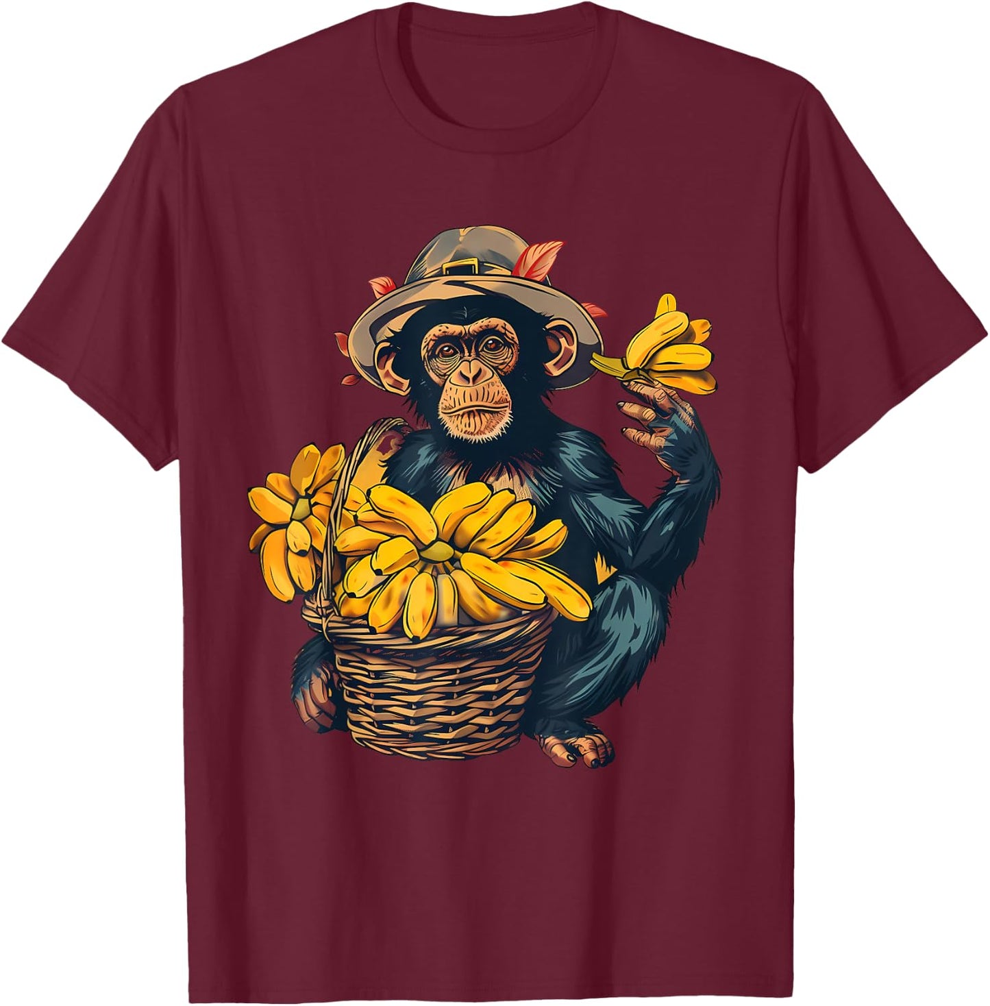 Banana Monkey Farmer Drawing Artwork Banana Fruit T-Shirt - T-Shirt | Maroon