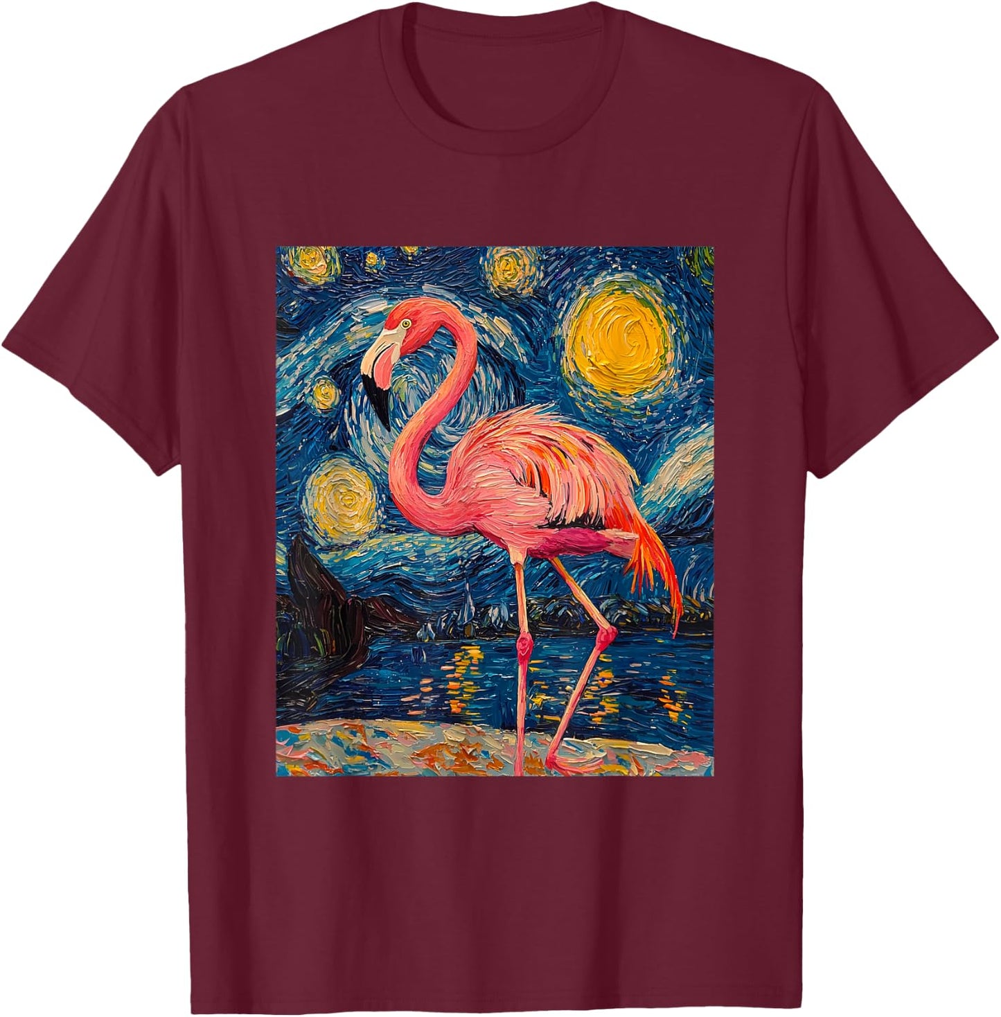 Cute Flamingo - Van Gogh Style - Starry Night T-Shirt - T-Shirt | Maroon