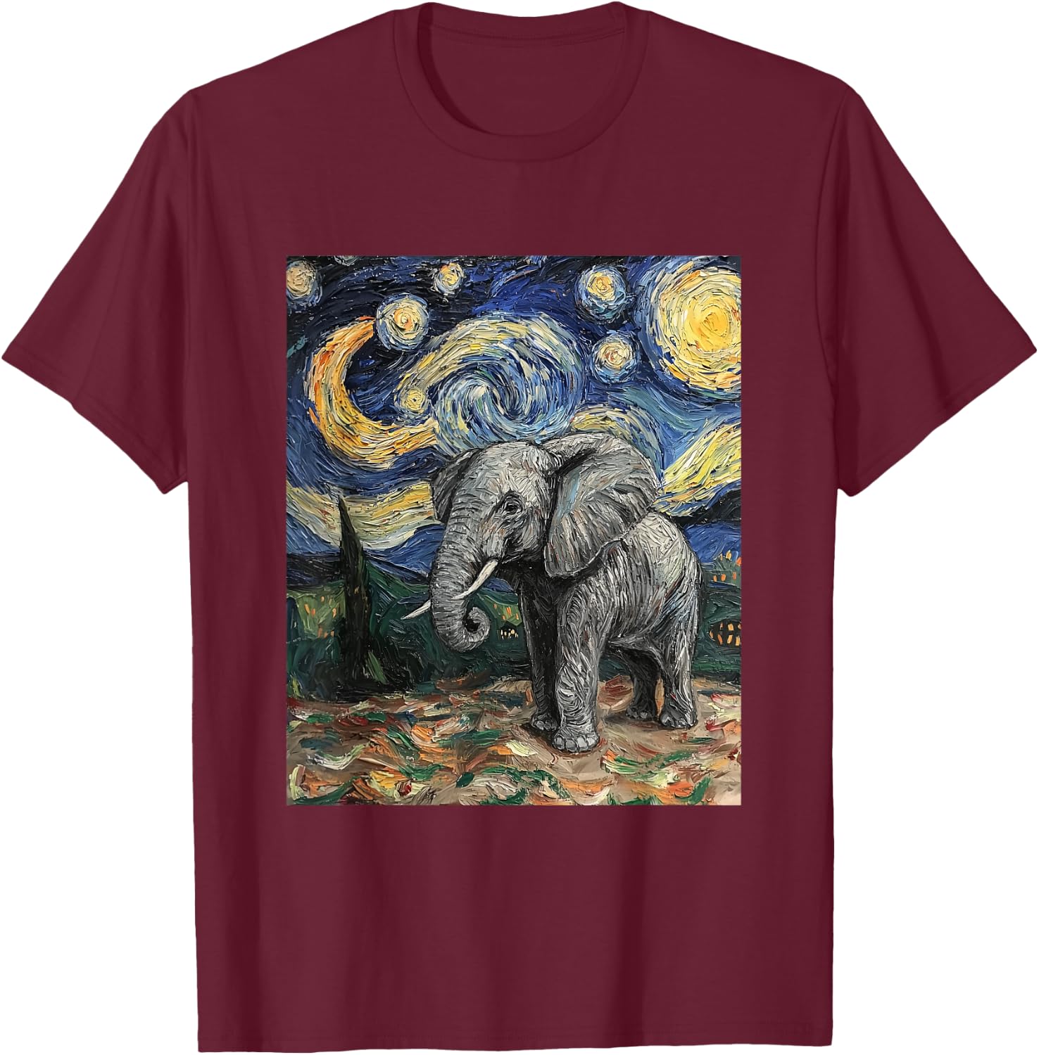 Cute Elephant Africa - Van Gogh Style - Starry Night T-Shirt - T-Shirt | Maroon