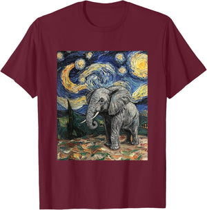 Cute Elephant Africa - Van Gogh Style - Starry Night T-Shirt - T-Shirt | Maroon