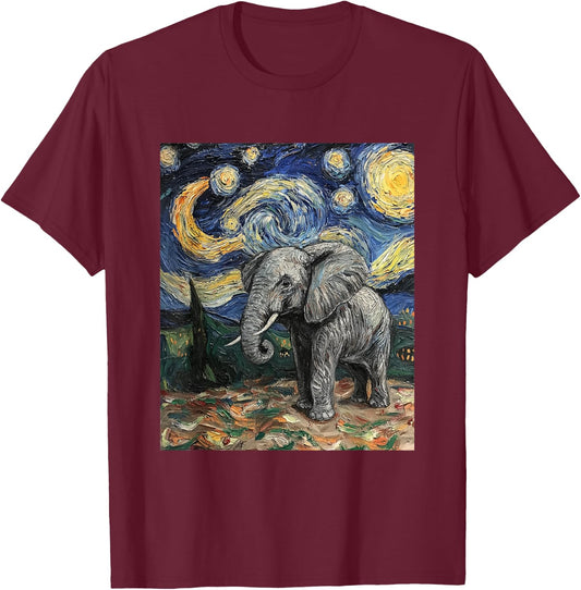 Cute Elephant Africa - Van Gogh Style - Starry Night T-Shirt - T-Shirt | Maroon