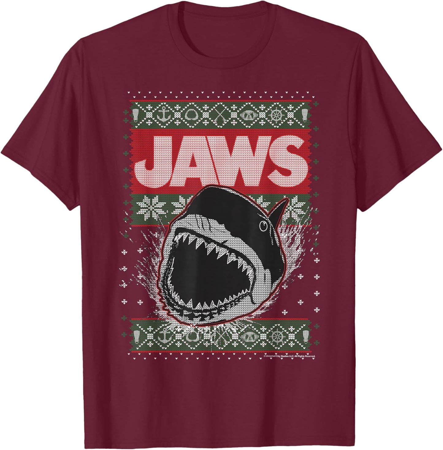 Jaws Christmas Ugly Sweater T-Shirt - T-Shirt | Maroon