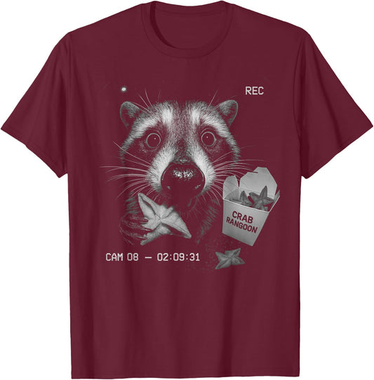Funny Raccoon Eating Crab Rangoon Feral Security Camera Joke T-Shirt - T-Shirt | Maroon