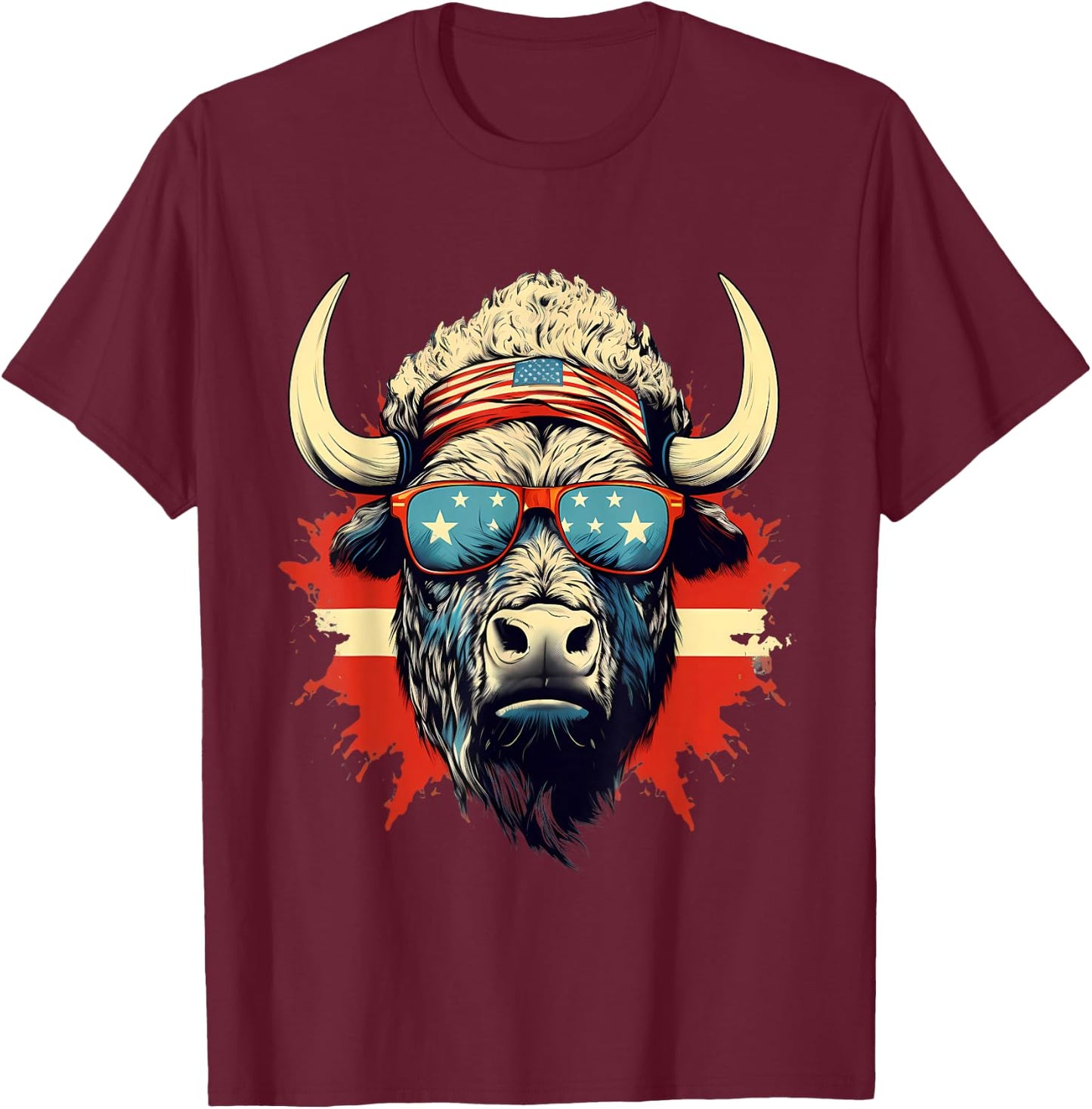 Buffalo America USA Sunglasses Animal Art Bison Splash T-Shirt - T-Shirt | Maroon