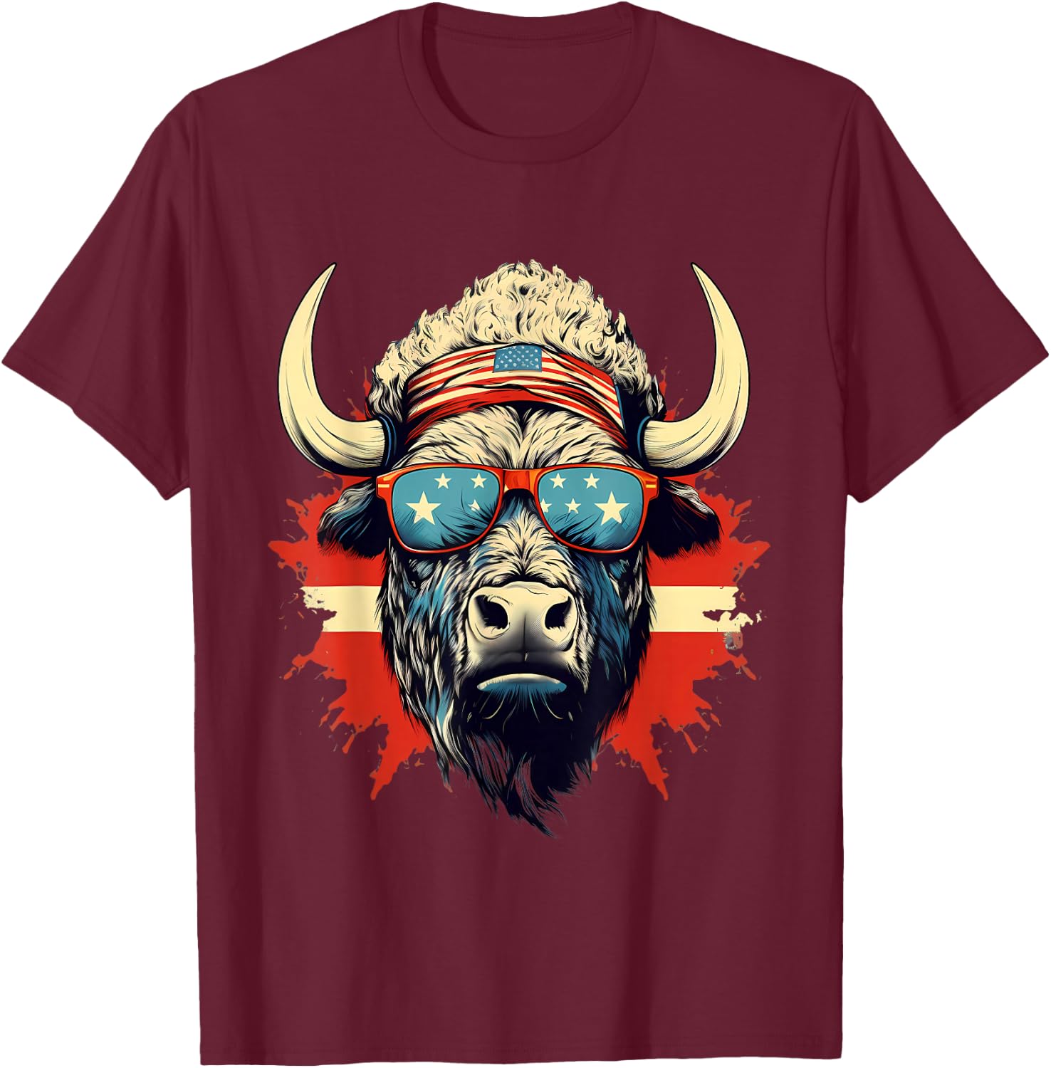 Buffalo America USA Sunglasses Animal Art Bison Splash T-Shirt - T-Shirt | Maroon