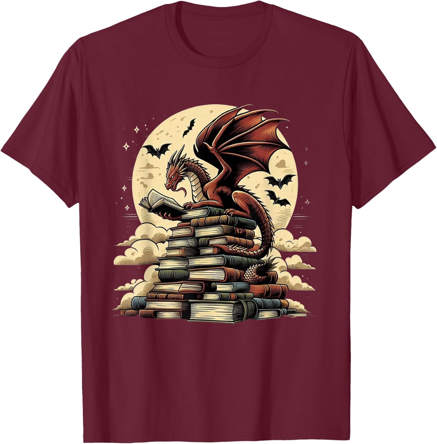 Dragon Reading a Book Dragons and Books Lover Bookworm T-Shirt - T-Shirt | Maroon