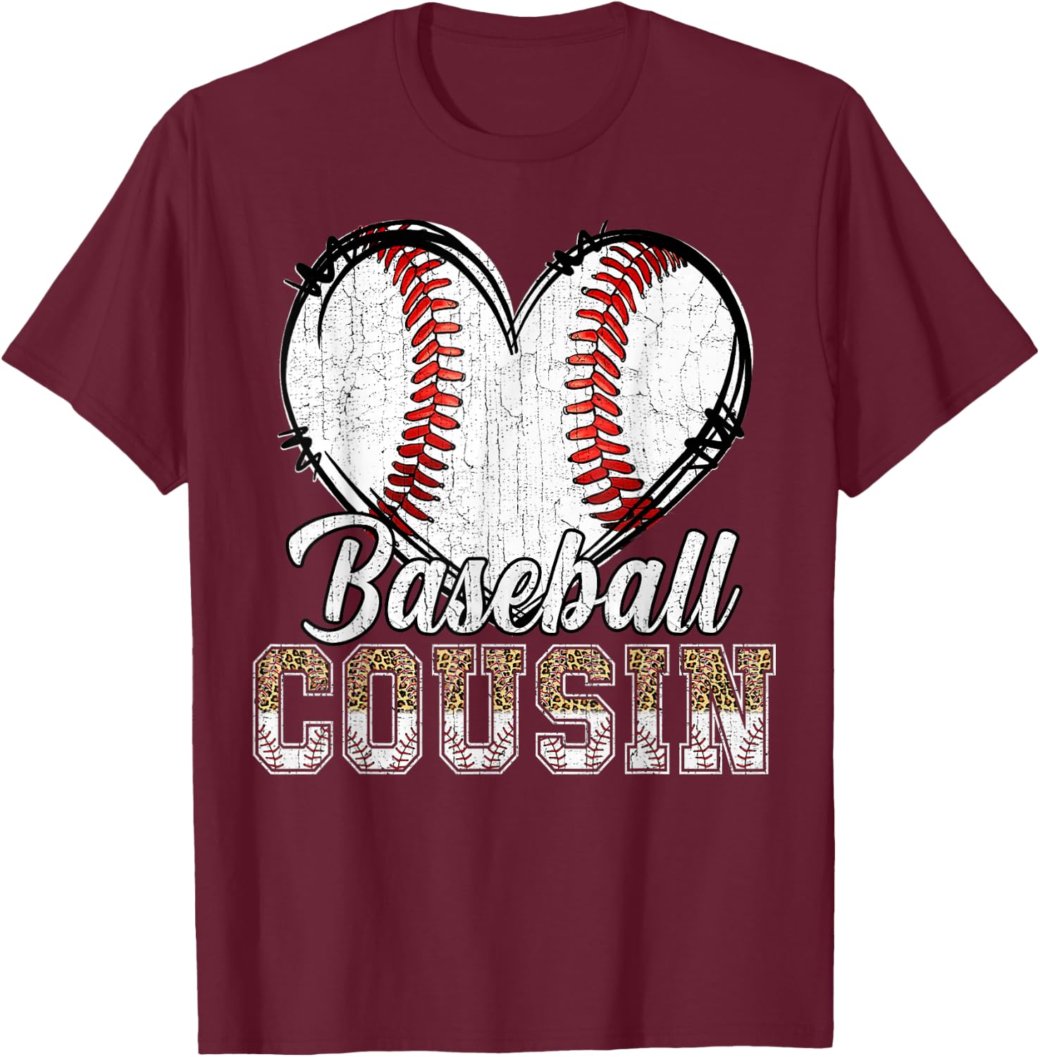 Softball Baseball Cousin Heart Leopard Print Mother's Day T-Shirt - T-Shirt | Maroon