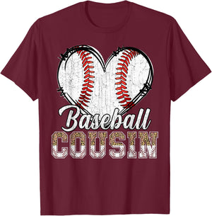 Softball Baseball Cousin Heart Leopard Print Mother's Day T-Shirt - T-Shirt | Maroon