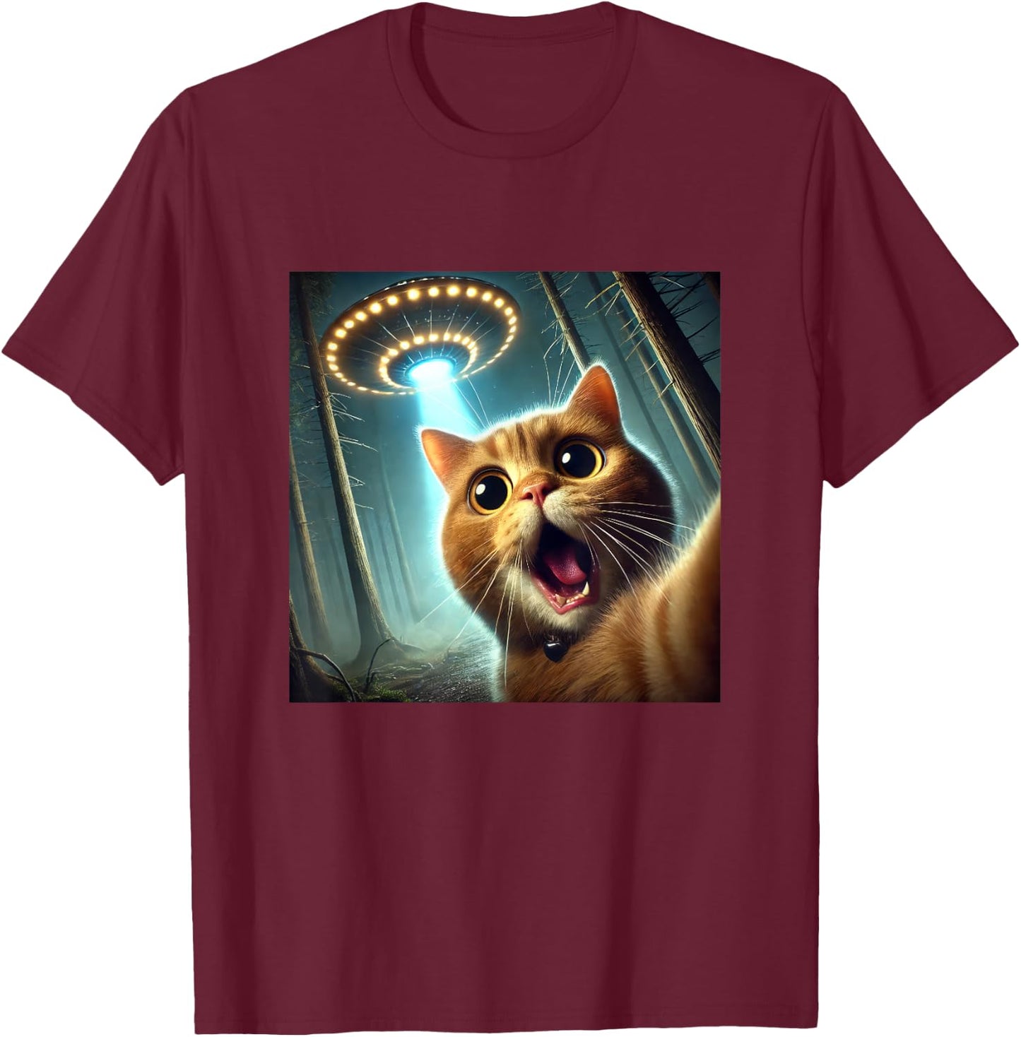 Cat Selfie With UFO Funny Alien UFO T-Shirt - T-Shirt | Maroon