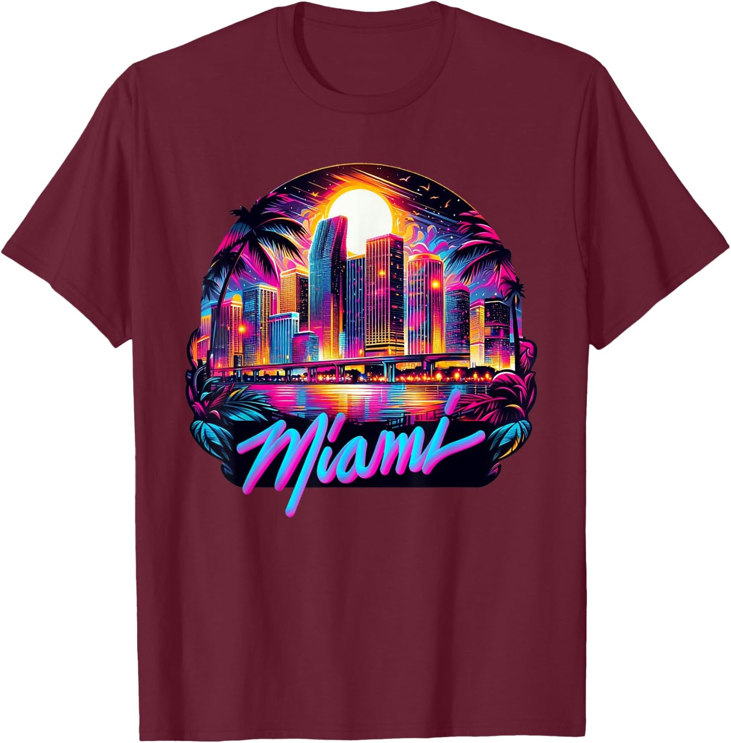 Miami City Men Florida Vibrant Colorful Souvenir Miami , Black, S T-Shirt - T-Shirt | Maroon
