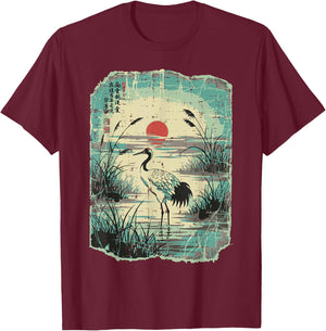 Japanese Flamingo Red Sun Vintage Ukiyo-e Art Women Men Kids T-Shirt - T-Shirt | Maroon
