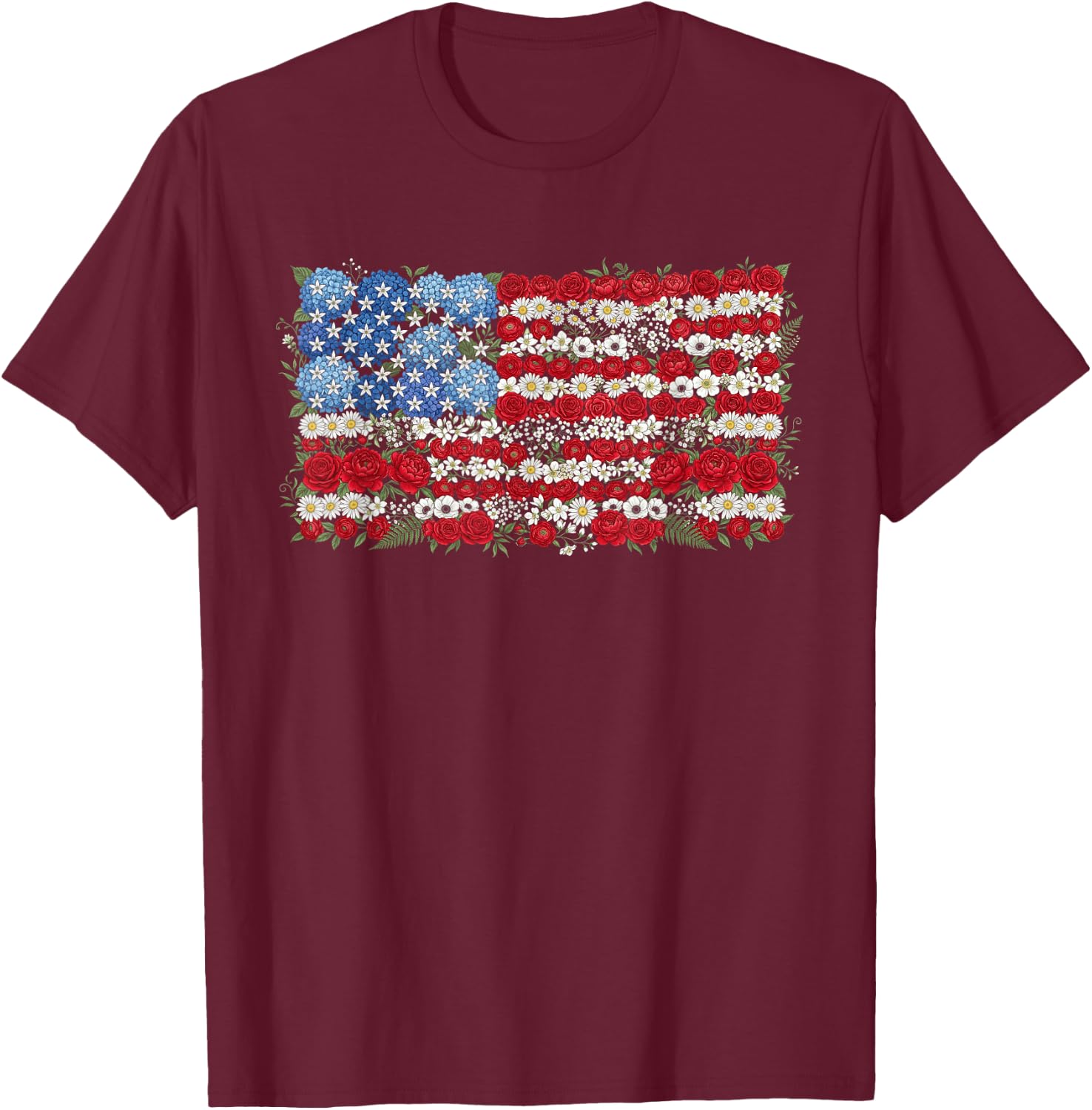 USA Floral American Flag Flower 4th of July T-Shirt - T-Shirt | Maroon
