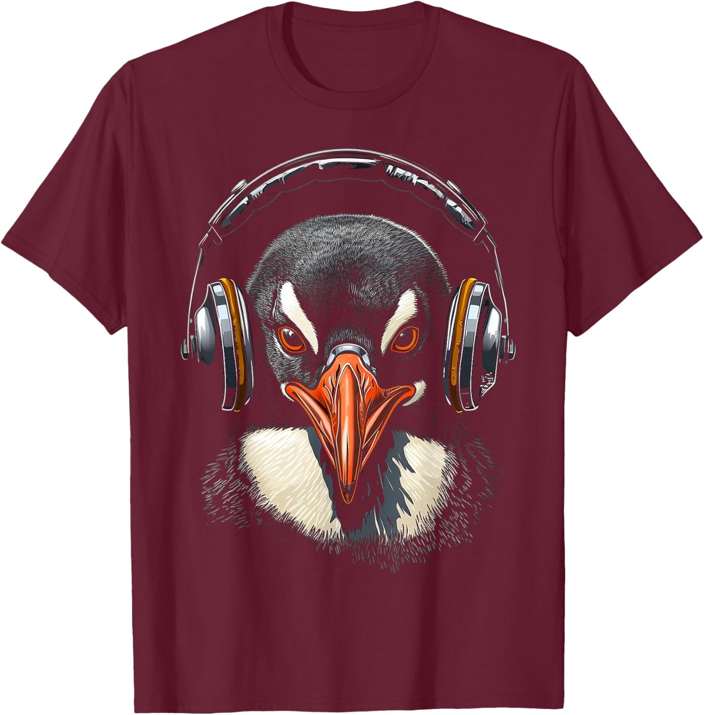 Penguin Headphone Animal Motif Music Artwork Penguin T-Shirt - T-Shirt | Maroon