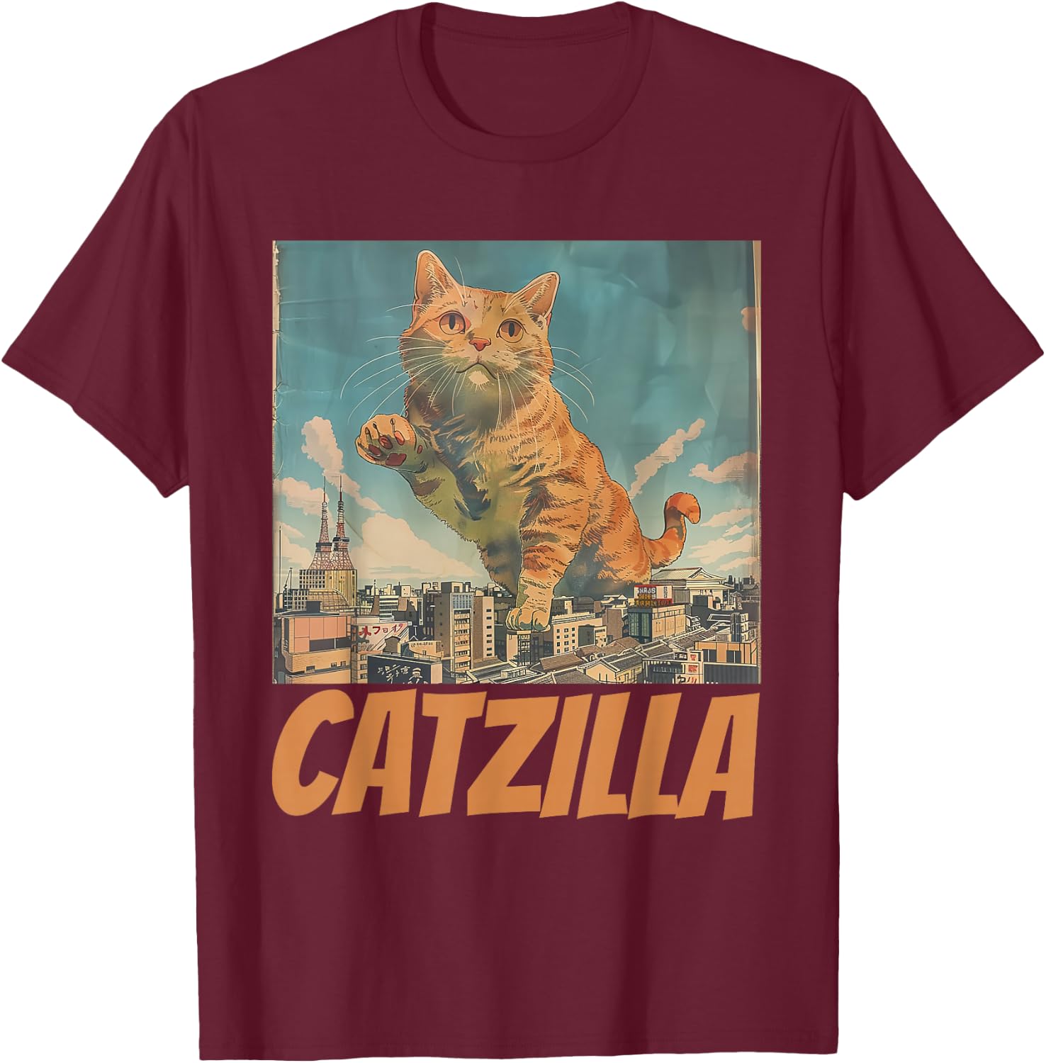 Funny Orange Cat Catzilla Japanese Art Women T-Shirt - T-Shirt | Maroon