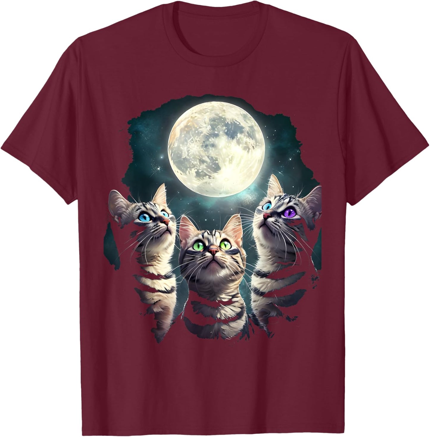 Funny Cat Three Cat Moons 3 Cute Kittens , Black, S T-Shirt - T-Shirt | Maroon