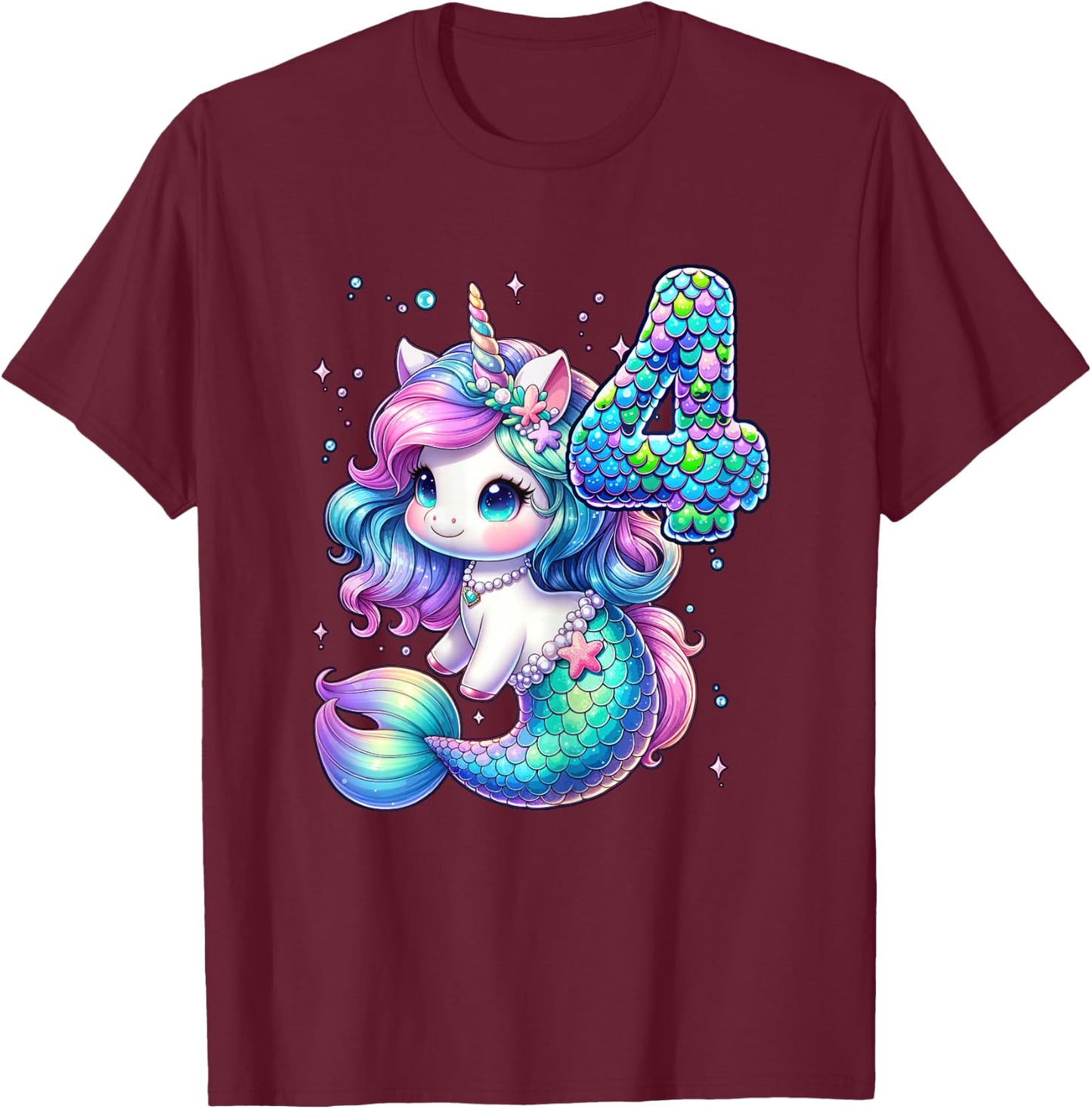 Unicorn Mermaid 4th Birthday 4 Year Old Party Girls Outfit T-Shirt - T-Shirt | Maroon
