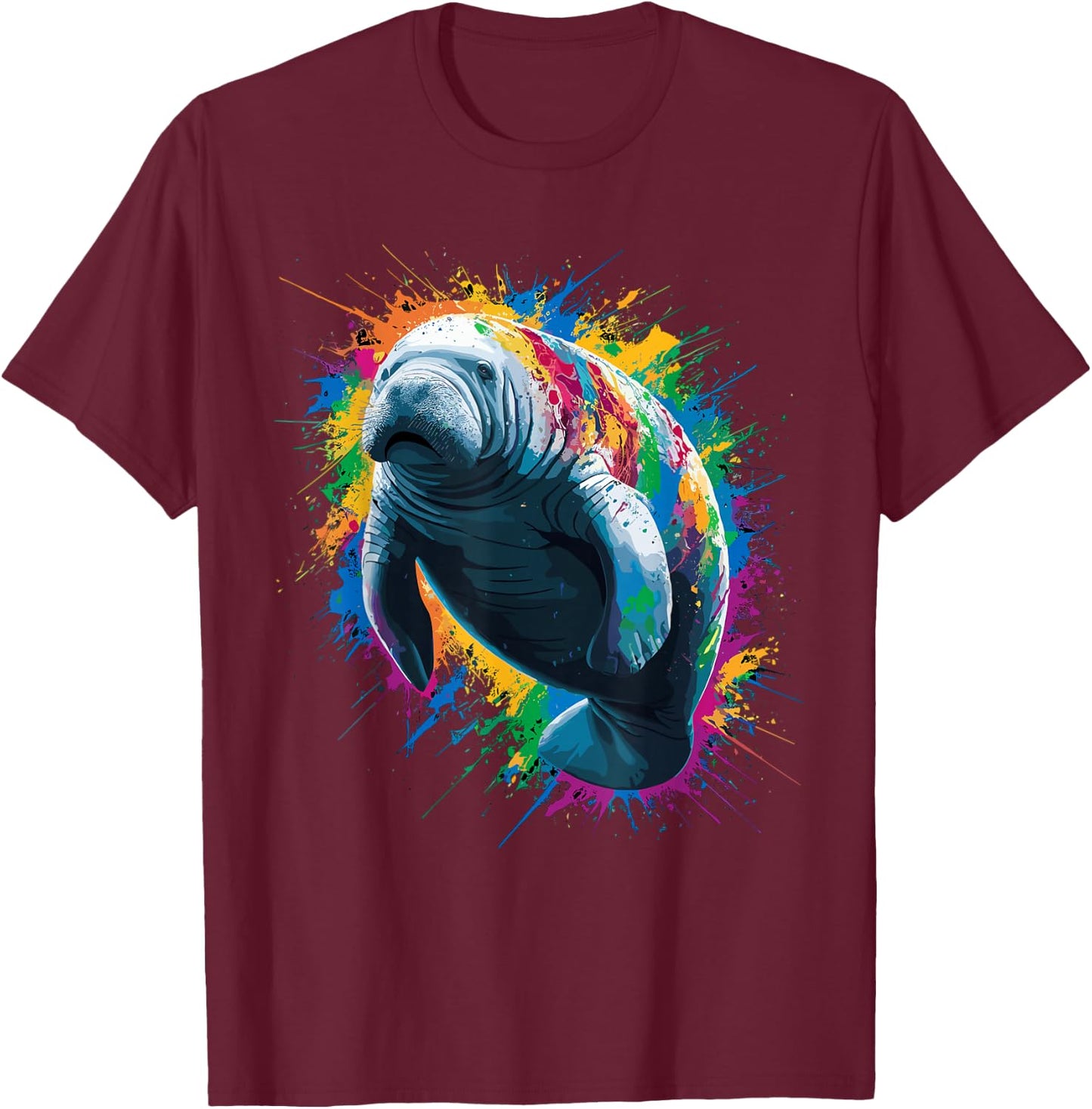 Colorful Paint Splash Manatee Art Graphic T-Shirt - T-Shirt | Maroon