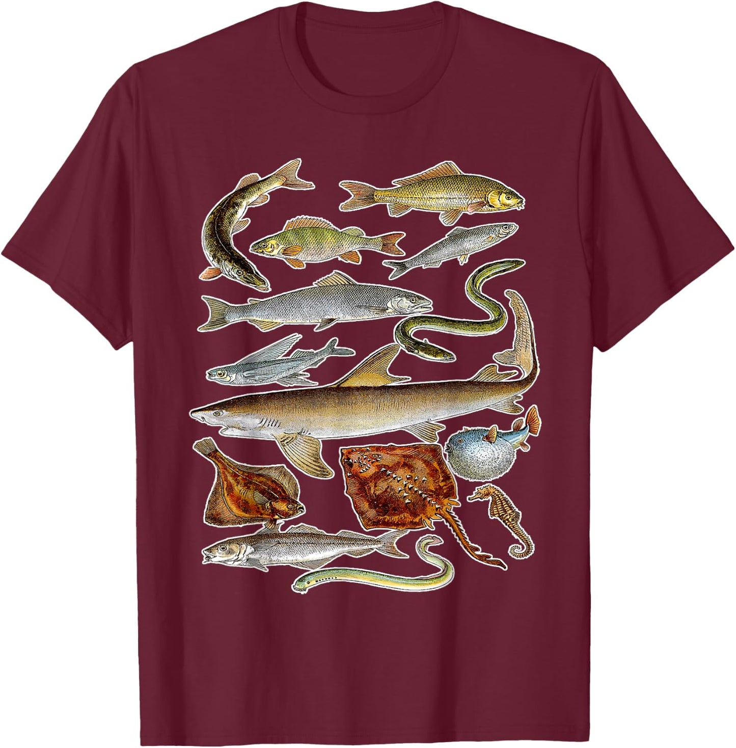 Sea Animals - Fish Sharks and Eels Illustration T-Shirt - T-Shirt | Maroon