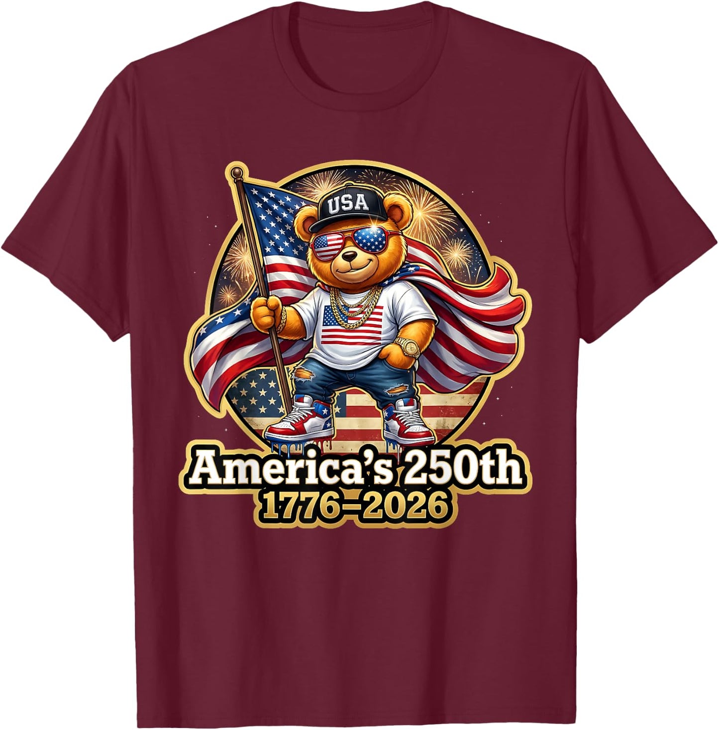 Stylish Teddy Bear America's 250th Anniversary 1776 2026 T-Shirt - T-Shirt | Maroon