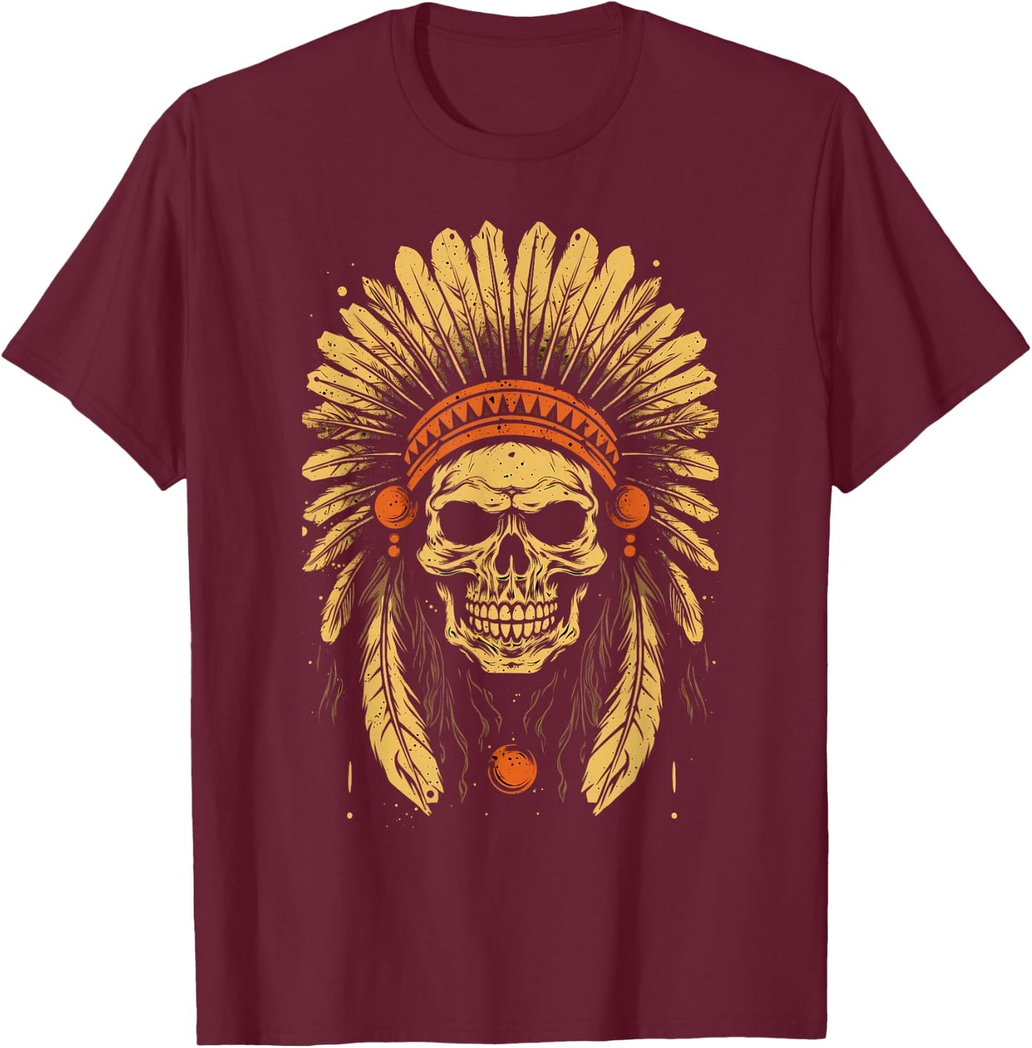 Skull Indian Headdress, Skull Chief Indian Skull Motorcycle T-Shirt - T-Shirt | Maroon