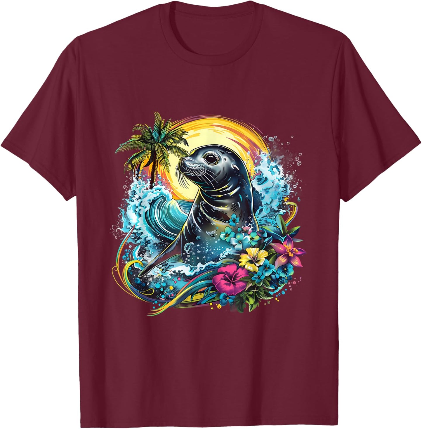 Seal Floral Marine Mammal Motif Seal Lover Ocean Sea Animal T-Shirt - T-Shirt | Maroon