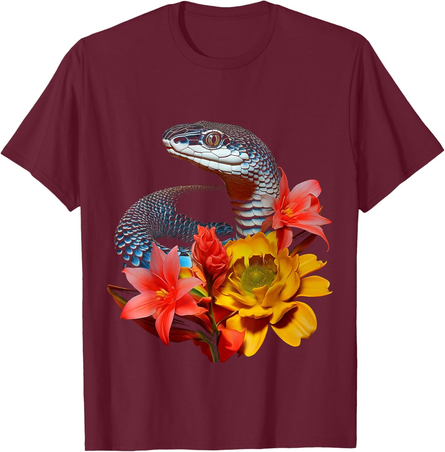 Snake Love Flowers Animal Portrait Art Graphic Snake T-Shirt - T-Shirt | Maroon