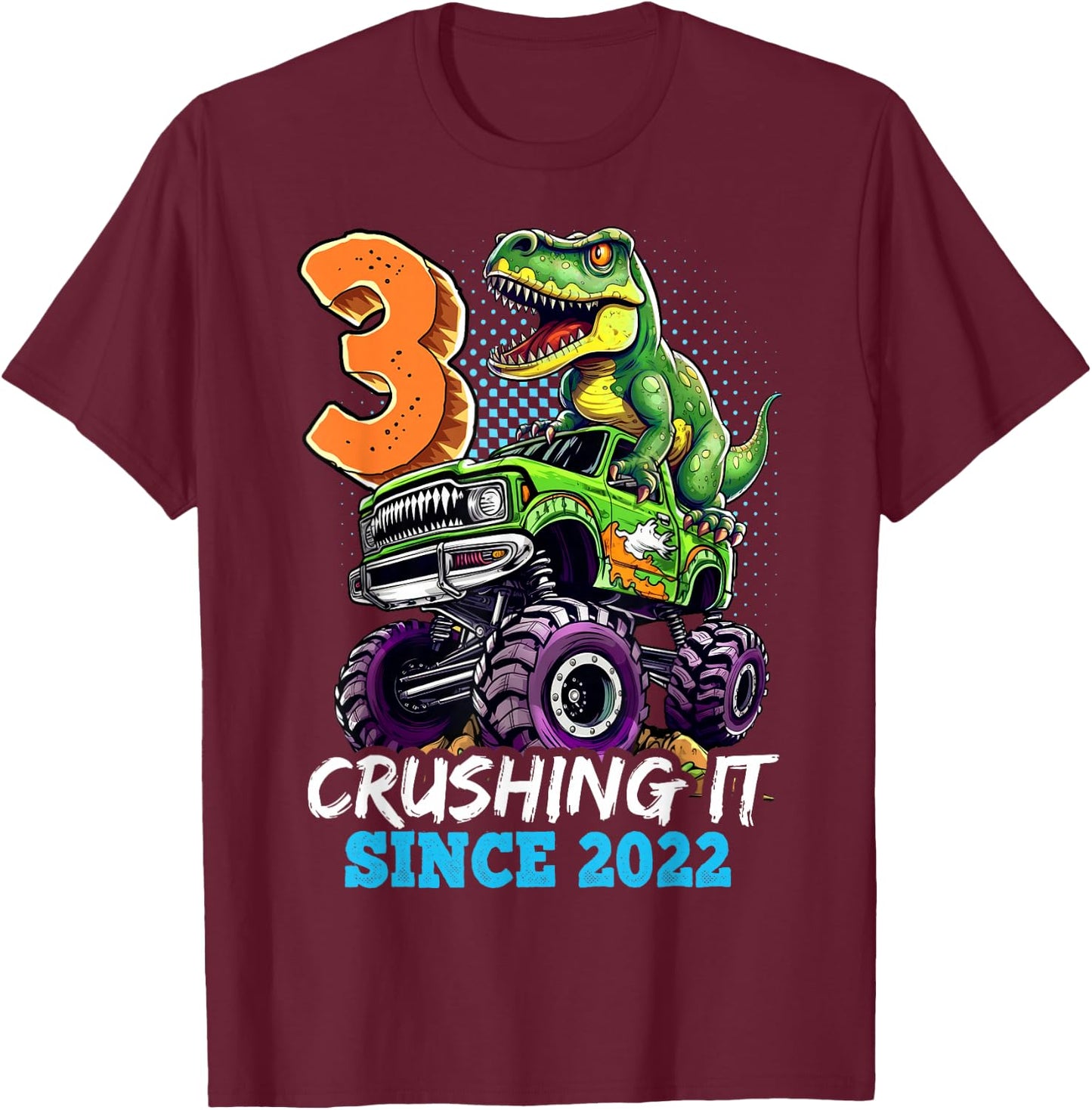 3rd Birthday Monster Truck Dinosaur Party Boys Rawr I'm 3 T-Shirt - T-Shirt | Maroon