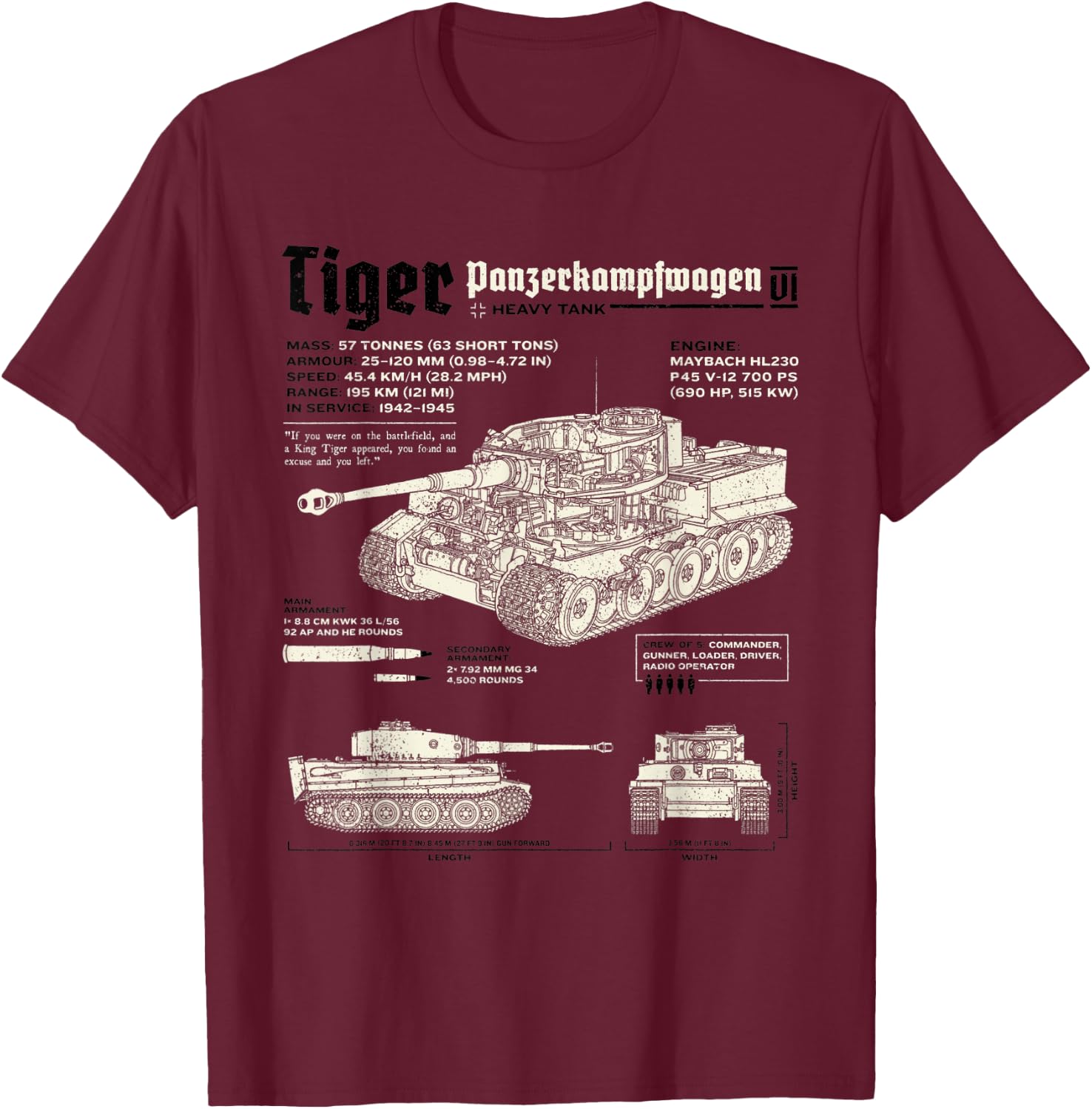 Tiger Tank Panzer World War 2 Blueprint T-Shirt - T-Shirt | Maroon
