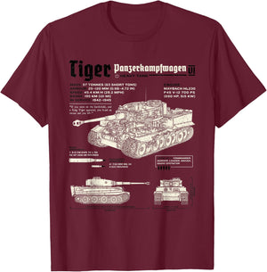 Tiger Tank Panzer World War 2 Blueprint T-Shirt - T-Shirt | Maroon