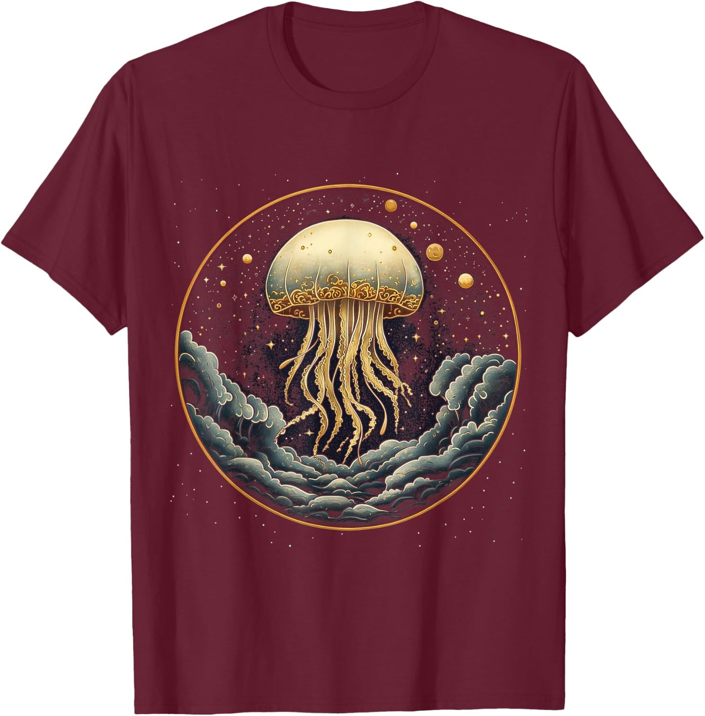 Jellyfish Celestial Aesthetic Art Deco Dark Ocean Animal T-Shirt - T-Shirt | Maroon