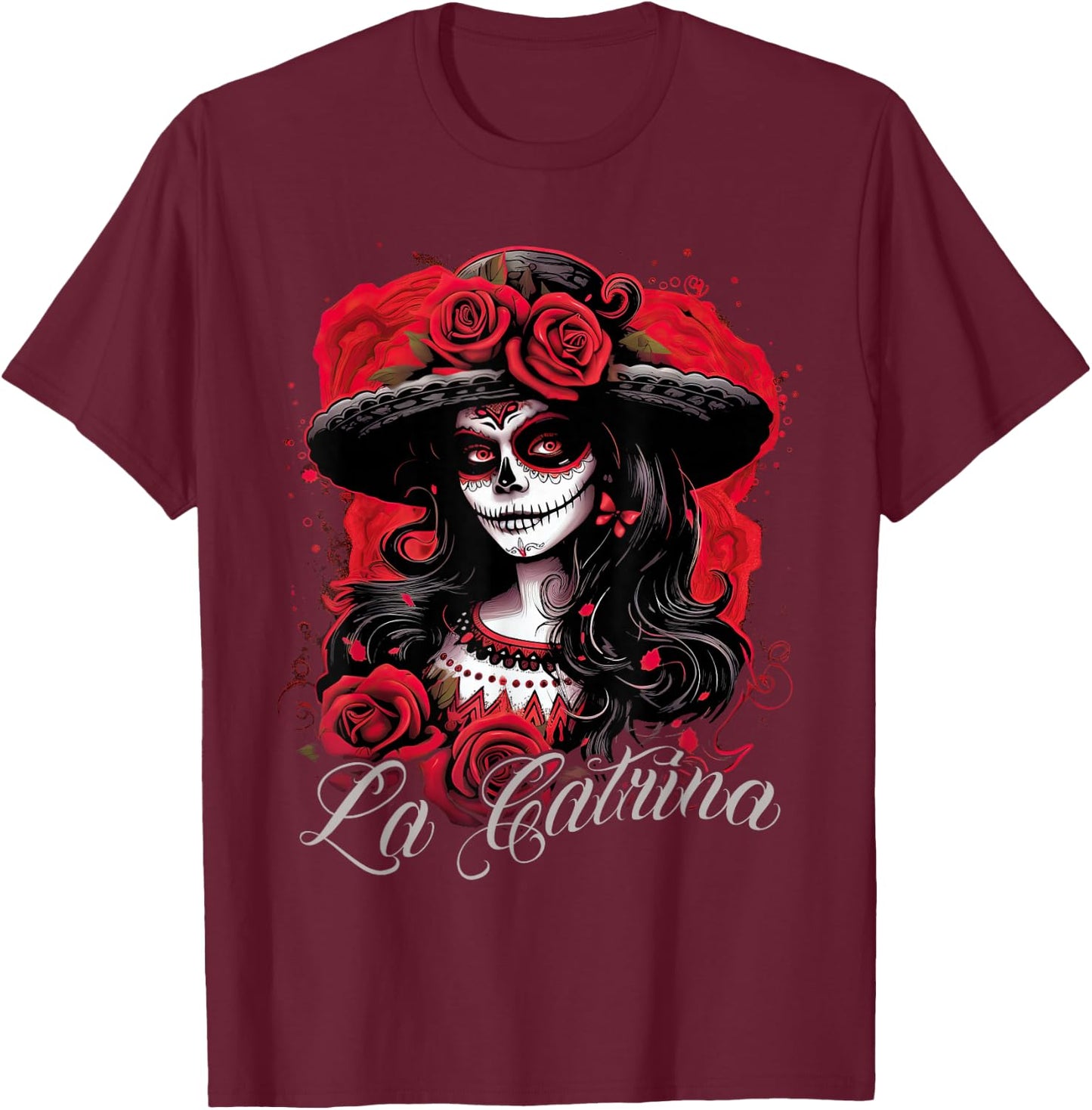 La Catrina Cool Dia De Los Muertos Design La Catrina , black T-Shirt - T-Shirt | Maroon