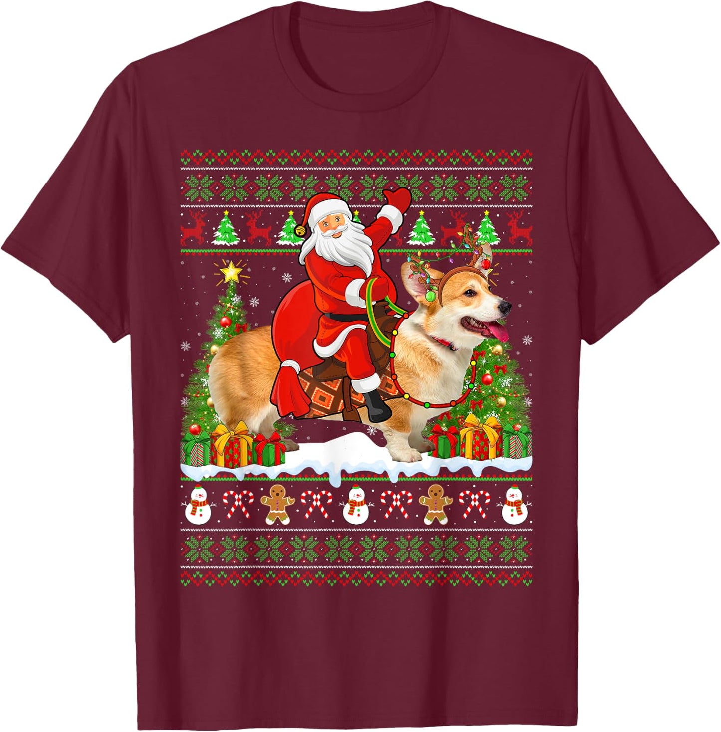 Corgi Dog Lover Funny Ugly Santa Riding Corgi Christmas T-Shirt - T-Shirt | Maroon