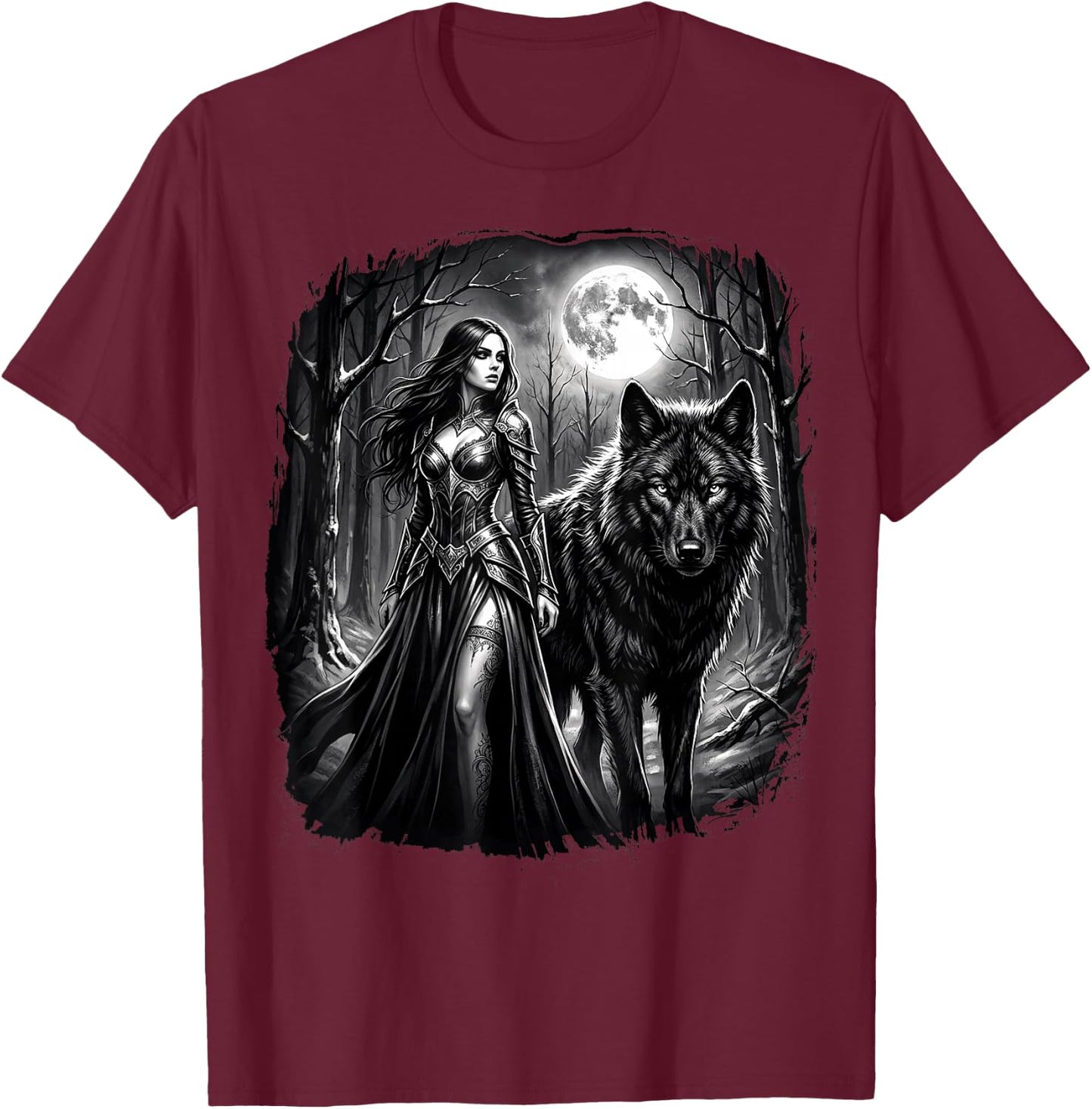 Fantasy Kriegerin Wolf Vollmond Gothic Motiv T-Shirt - T-Shirt | Maroon