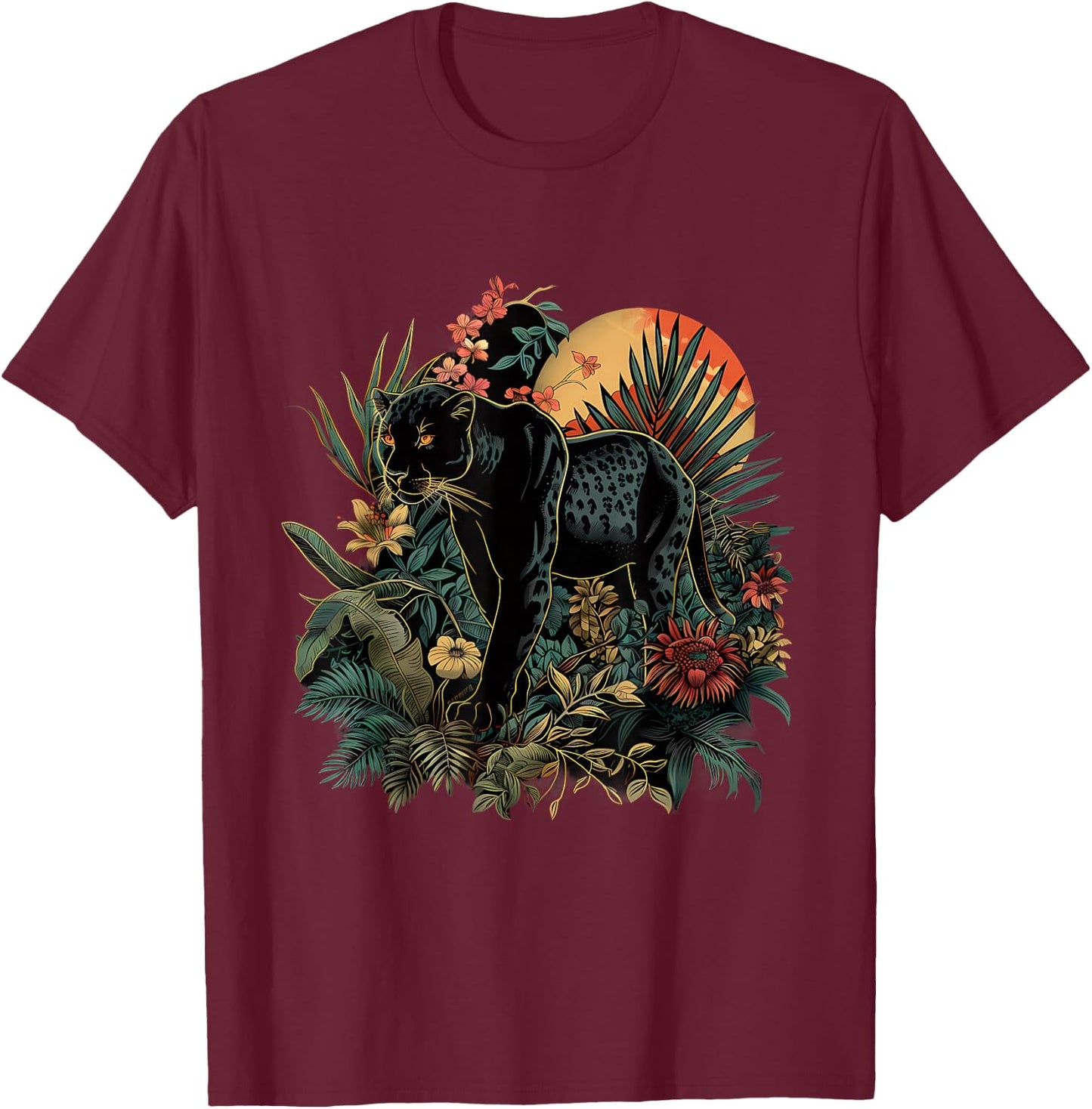 Panther Jungle Nature Artwork Moon Tropical Animal Art T-Shirt - T-Shirt | Maroon