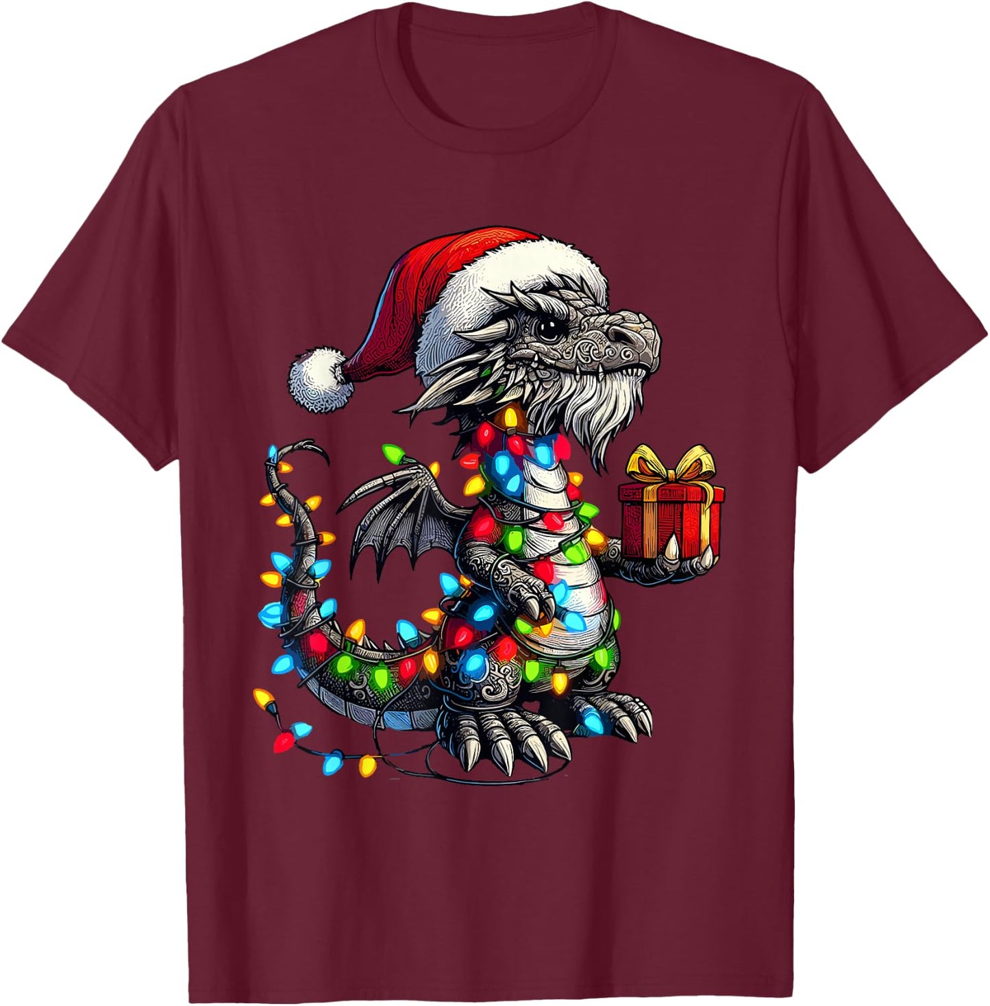 Dragon Wearing Santa Claus Hat Holding A Present Box Xmas T-Shirt - T-Shirt | Maroon
