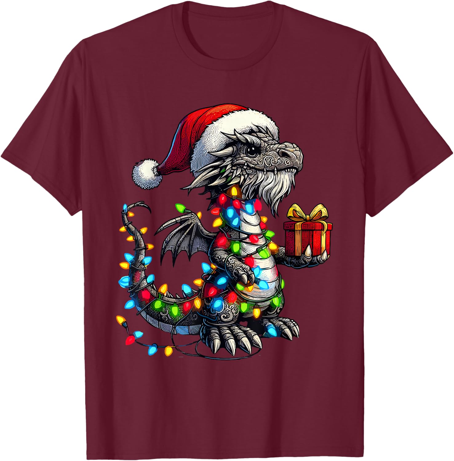 Dragon Wearing Santa Claus Hat Holding A Present Box Xmas T-Shirt - T-Shirt | Maroon