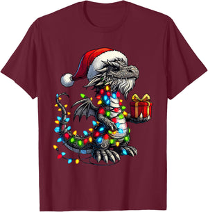 Dragon Wearing Santa Claus Hat Holding A Present Box Xmas T-Shirt - T-Shirt | Maroon