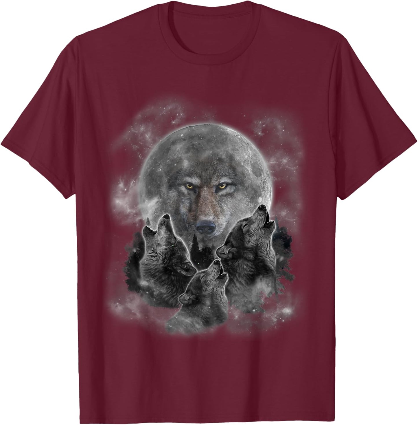 Three Wolves Howling, Full Moon w Wolf Silhouette T-Shirt - T-Shirt | Maroon