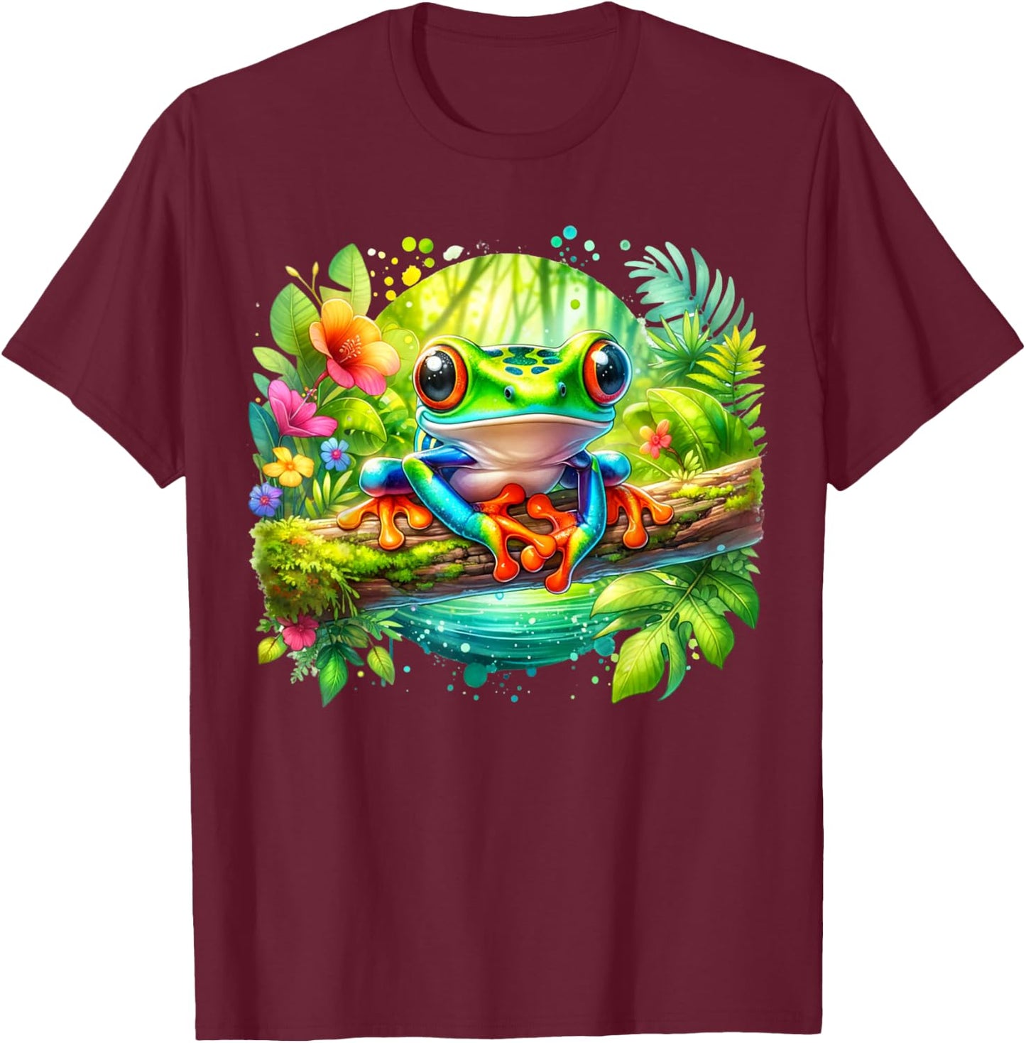 Cute Red Eyed Tree Frog In Vibrant Tropical Jungle Setting T-Shirt - T-Shirt | Maroon
