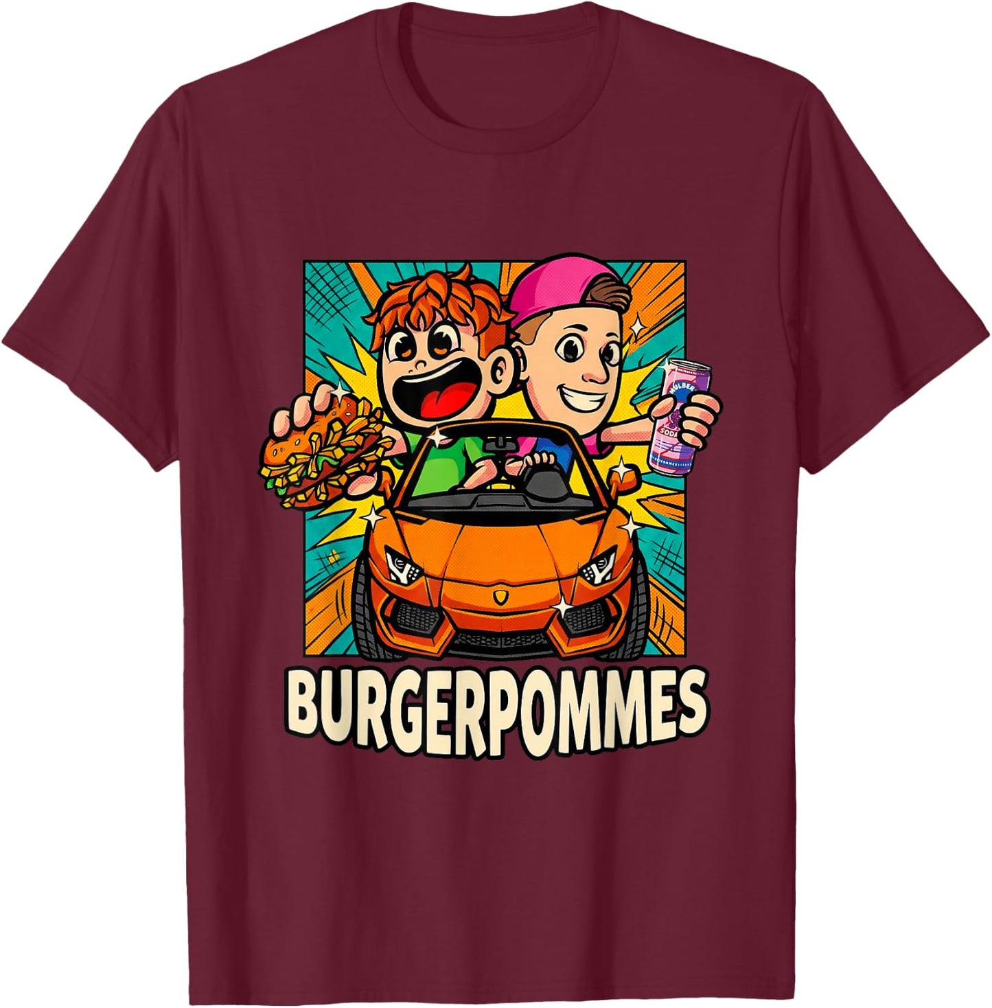 Burger.Pommes Pop Art Comic Style Sportwagen Snack T-Shirt - T-Shirt | Maroon